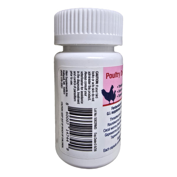 Poultry Dewormer 5x bottle side label with caution and barcode
