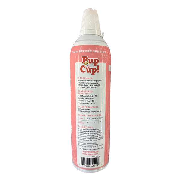Pup Cup! Bacon whipped treat for dogs 13 oz can, back label with ingredients and serving guide