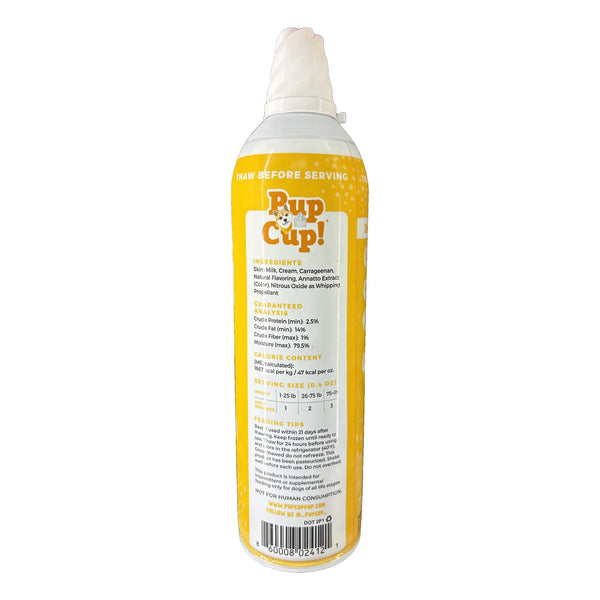 Pup Cup! Chicken whipped treat for dogs 13 oz can, back label with ingredients and serving guide