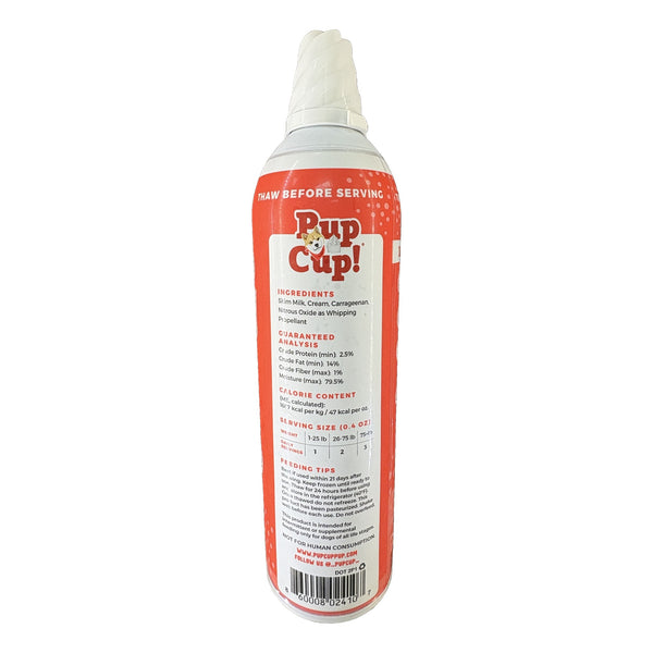 Pup Cup! Original whipped treat for dogs 13 oz can, back label with ingredients and serving guide