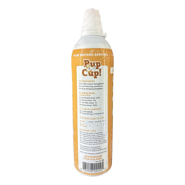 Pup Cup! Peanut Butter whipped treat for dogs 13 oz can, back label with ingredients and serving guide