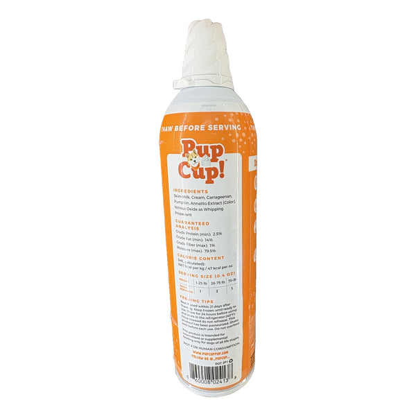 Pup Cup! Pumpkin whipped treat for dogs 13 oz can, back label with ingredients and serving guide