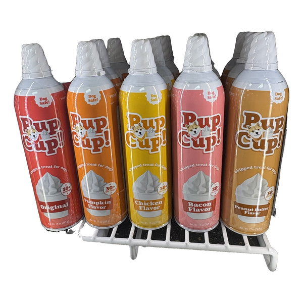 Pup Cup! whipped treat for dogs in Original, Pumpkin, Chicken, Bacon and Peanut Butter flavors