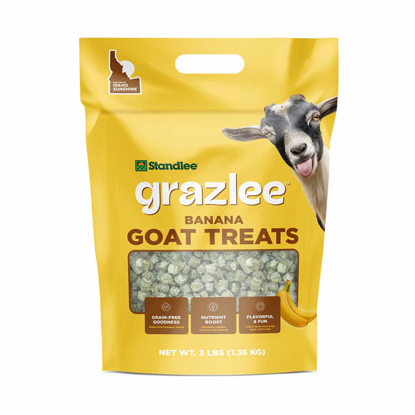 Standlee Grazlee Banana Goat Treats 3 lb bag, grain-free alfalfa hay cube treats for goats