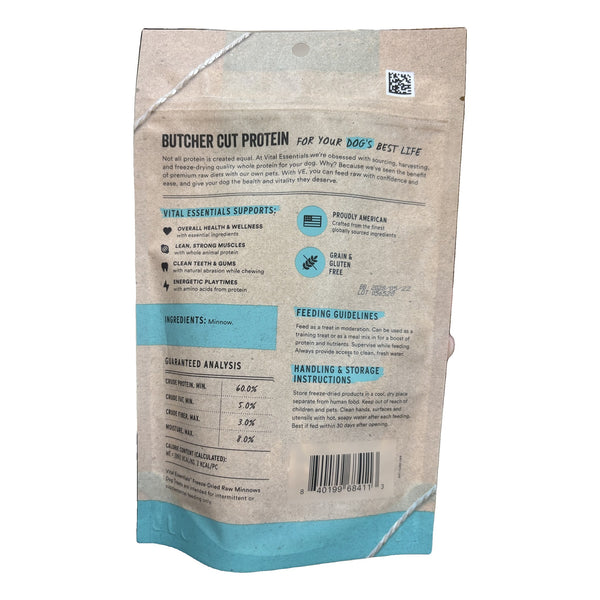 Vital Essentials freeze-dried raw minnows dog treats, back of bag with ingredients and guaranteed analysis