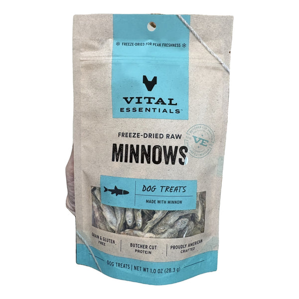 Vital Essentials Freeze-Dried Raw Minnows dog treats 1 oz bag, front