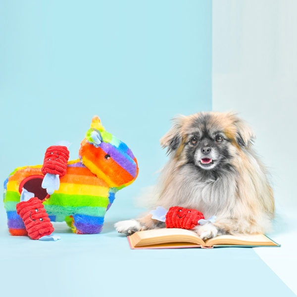 ZippyPaws Zippy Burrow Pinata Puzzle Dog Toy, dog with the toy