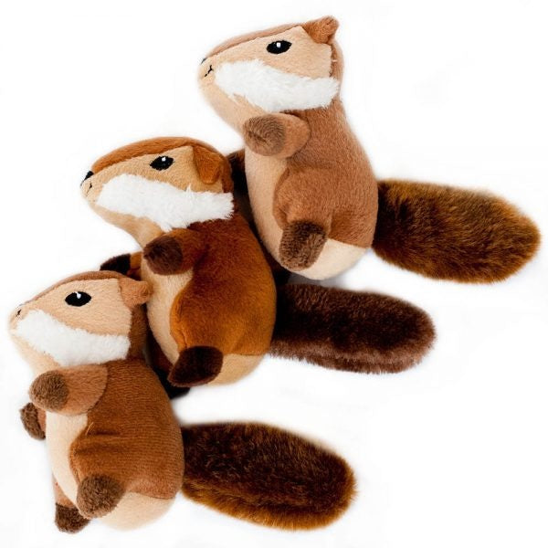 ZippyPaws Miniz Chipmunks 3-Pack Plush Dog Toys, three chipmunk toys shown out of the package