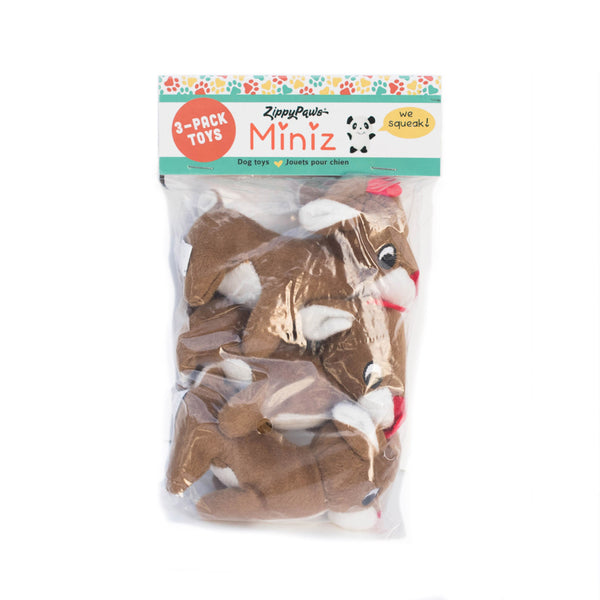 ZippyPaws Miniz Reindeer 3-Pack Plush Dog Toys, toys in the package