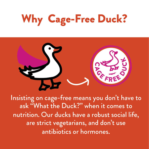 Shameless Pets Duck-Tato Bite Sized Jerky Dog Treats, why cage-free duck graphic