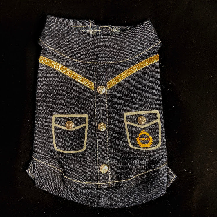von dutch denim dress Country Denim Dress Top with Glitter Gold Stitching & Pocket Decals