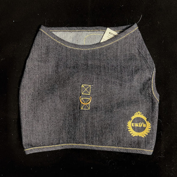 Denim Harness Dress Top with Gold Stitching