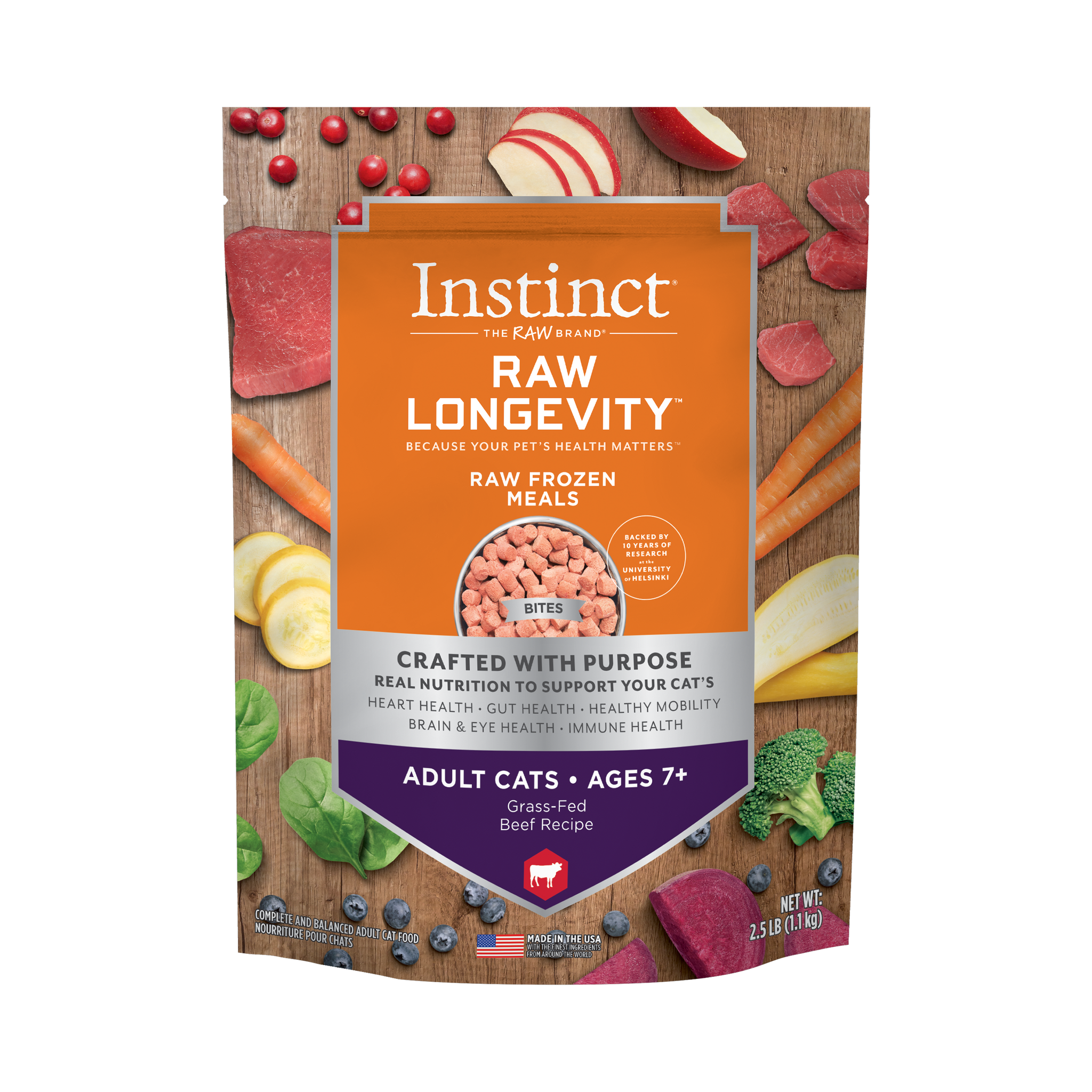 Instinct Raw Longevity Grass-Fed Beef Bites for Adult 7+ Frozen Cat Food